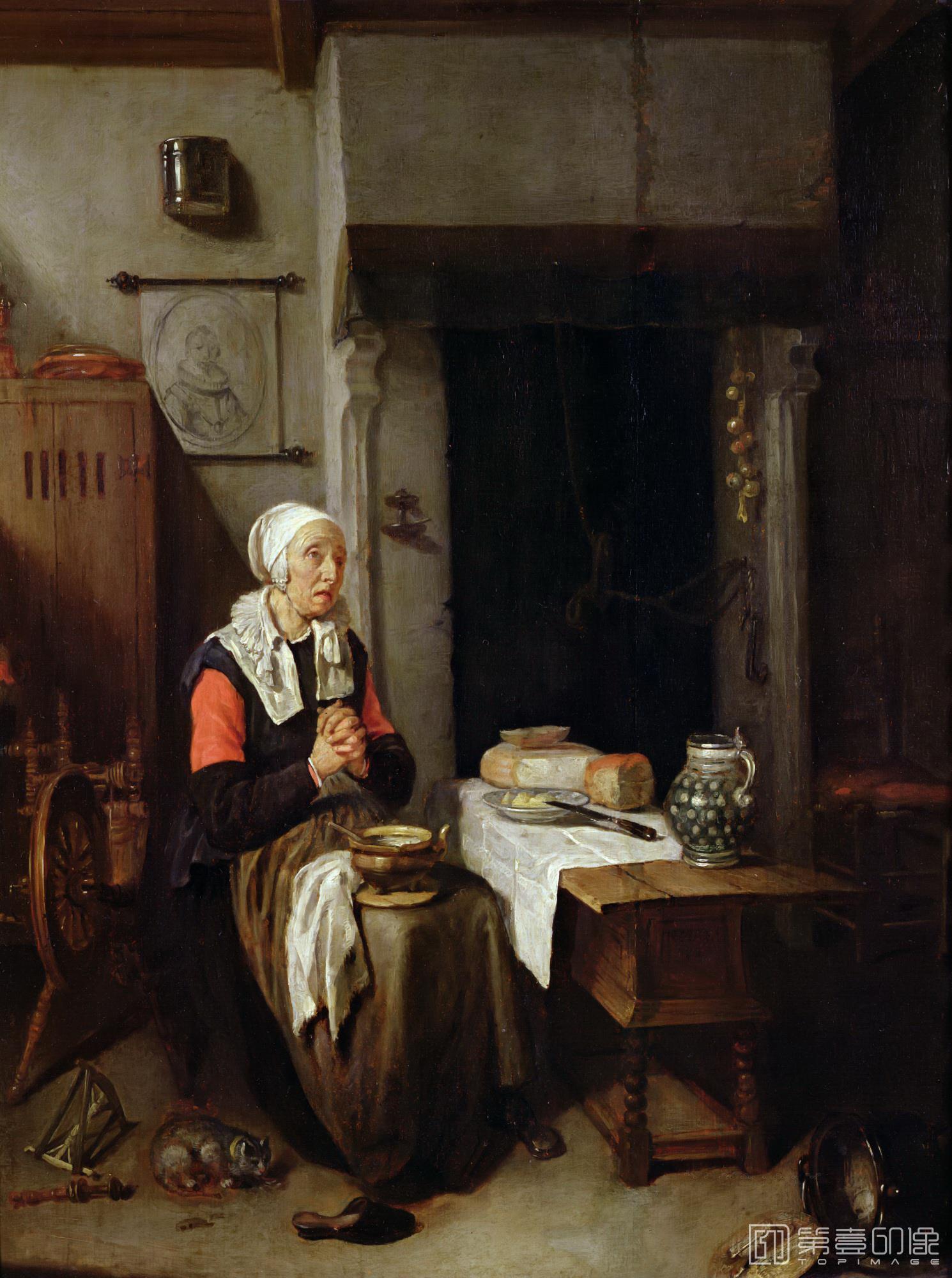 油画-卢浮宫-Брекеленкам, Кейринг Герритс ван (1622 Зваммердам - 1669 Лейден)Молитва перед трапезой-1845